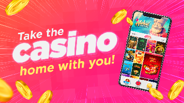 pink background, mobile phone with app on screen, falling coins and text: "Take the casino home with you!"